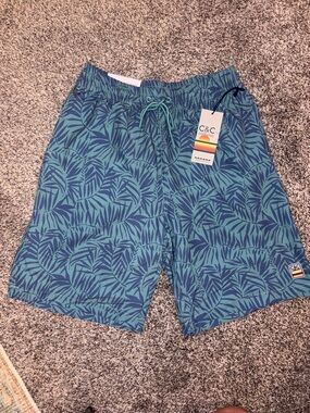 C&C California Teal and Navy Tropical Leaf Swim Shorts